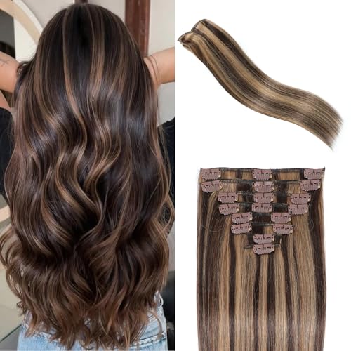 Clip in Hair Extensions Real Human Hair, Seamless Clip ins Real Human Hair for Women, Remy Human Hair Clip in Extensions, Double Weft 8pcs 16 inch Balayage Dark Brown to Chestnut Brown