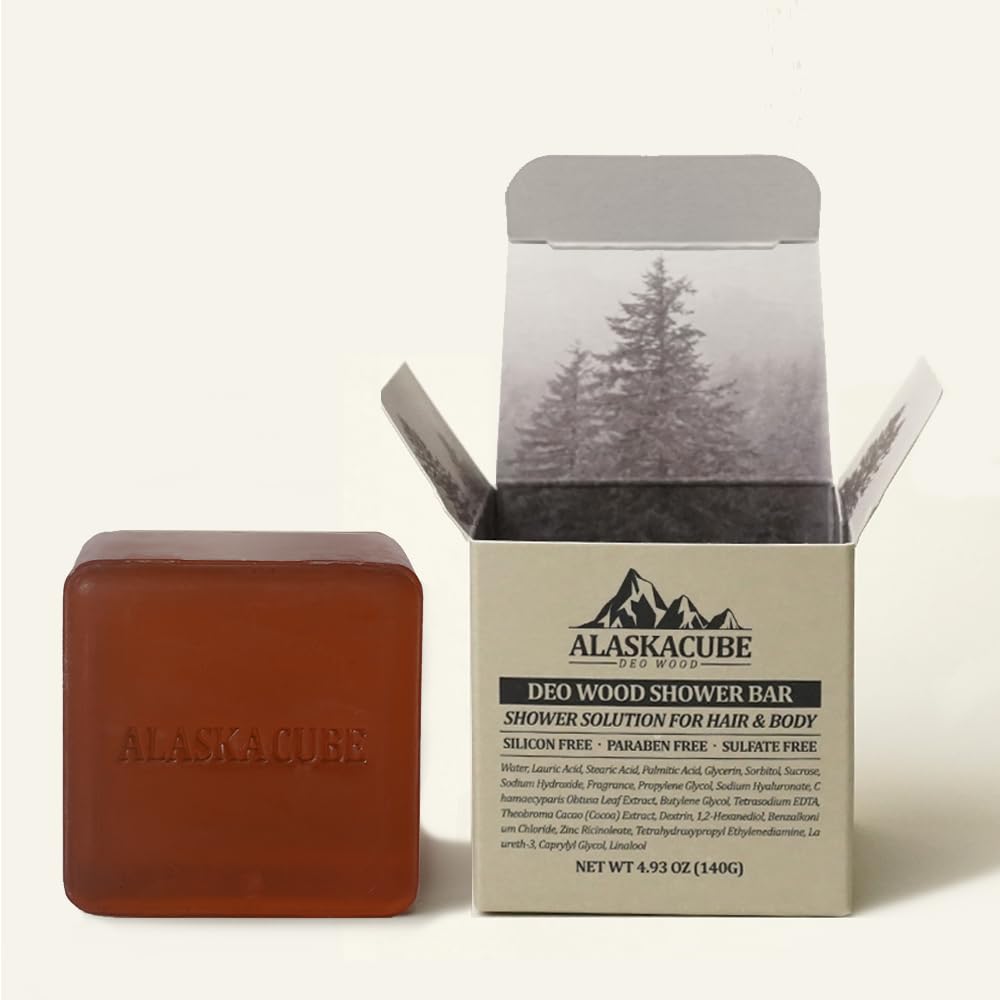 Alaskacube Deo Wood Shower Bath Soap Bar Luxurious Sandalwood Woody Scent Eliminates Body Odor Long Lasting Rich Foam | Body Wash, Shampoo, Deodorant for Men Women Luxury Perfumed Perfect for Gift