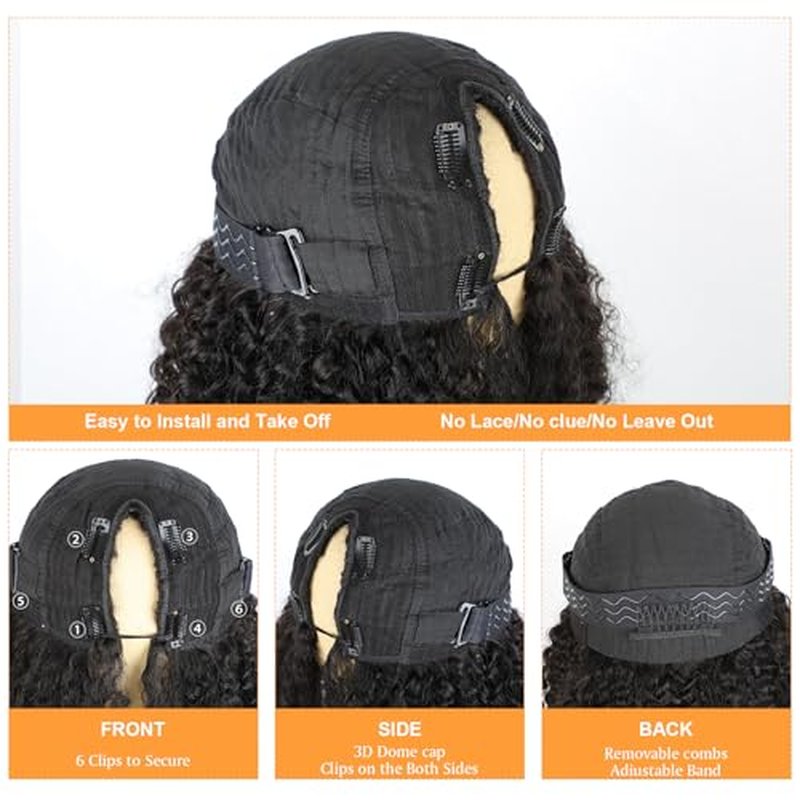 Domiso V Part Wig Human Hair Glueless Upgrade U Part Human Hair Wig 180% Density Kinky Curly Wigs for Women No Leave Out No Glue Beginner Friendly 9A Brazilian Virgin Hair Natural Color 20 Inch