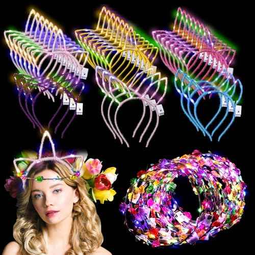 Xinnun 50 Pcs LED Cat Ear Headbands Bulk, Light up Flower Headband Glow Crown Rabbit Ear Head Accessories for Glow in the Dark Party (Unicorn)