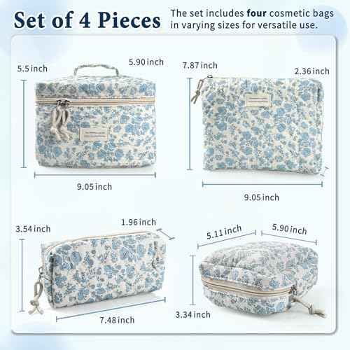 Cute Makeup Bag for Women(2 Pcs), Travel Cosmetic Bags, Quilted Coquette Aesthetic Floral Toiletry Organizer Bag (46 - Sky Blue/4Pcs)