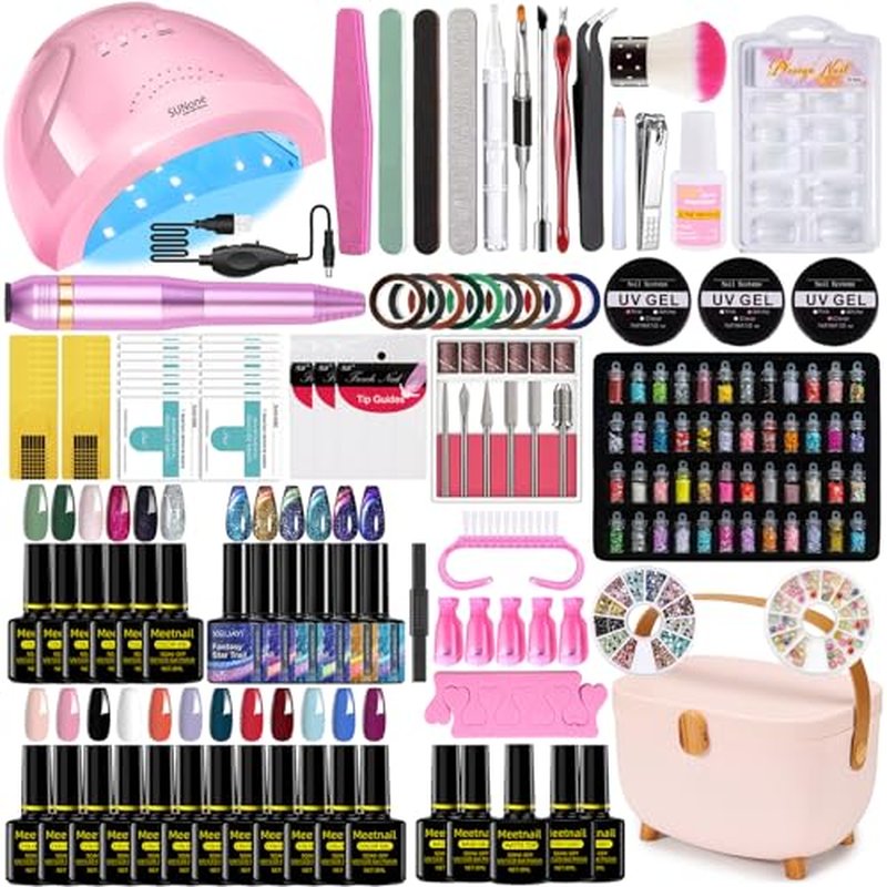 Complete Nail Studio Set with 48W UV LED Lamp, 24 Rainbow Colors, Cat Eye Gel Polish Kit, Nail Drill & More, Storage Box for Home Manicures