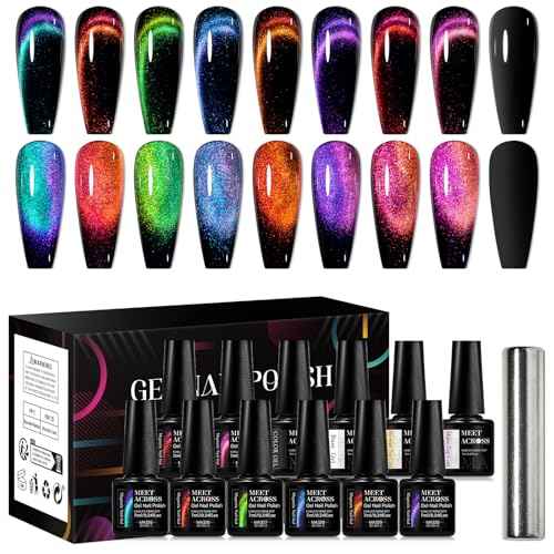 MEET ACROSS 12D Cat Eye Gel Nail Polish Set, Colorful Holographic Cat Eye Glitter Gel Polish Blue Purple Green Nail Gel Polish Kit with Base Top Coat and Magnet Soak Off Nail Art Gel DIY Salon Gift