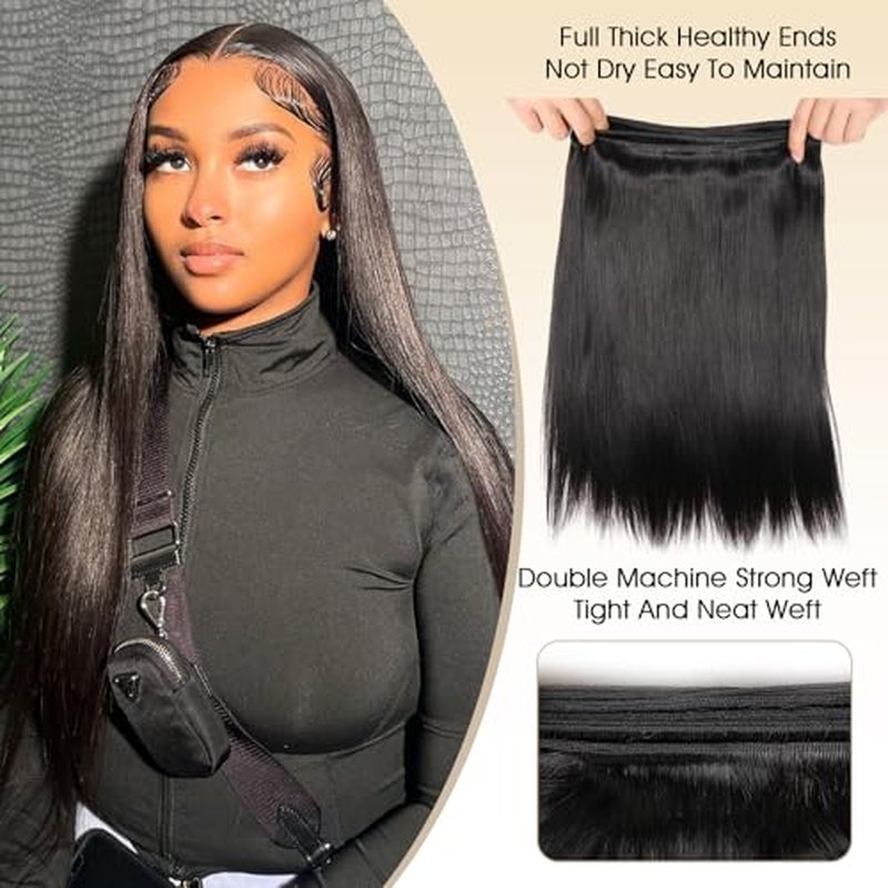 16A Brazilian Straight Human Hair Bundles | 32" Unprocessed Virgin Remy Hair Extensions | Single Bundle Raw Hair with Double Weft, No Shedding, Natural Black