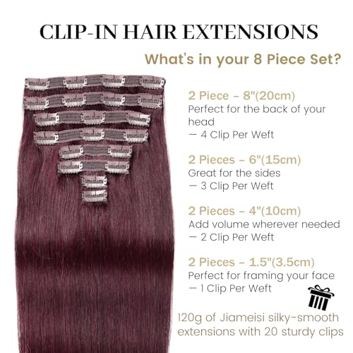 Jiameisi Clip in Hair Extensions Real Human Hair, 22inch Remy Human Hair Extensions Double Weft 120g 8pcs, Wine Red Straight Clip ins for Women, Ideal for Daily, Party, Wedding Looks #99j Burgundy