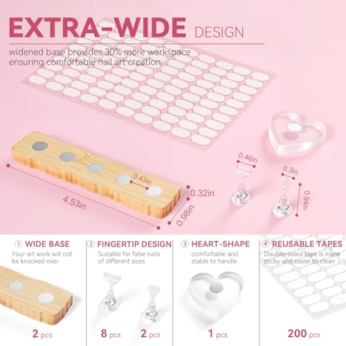 Nail Stand for Press On Nails Art Display Practice 2 Sets, 1 Heart Shaped Acrylic Magnetic Nail Stands, Fake Nail Holder Tips With 200 PCS Double-Sided Tape, Nail Kit Home DIY Salon Supplies