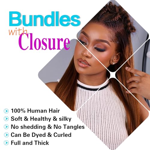 12A Brazilian Ombre Straight Human Hair Bundles with 4x4 Lace Closure 2 Tone T1B/30 Black to Brown 100% Unprocessed Virgin Remy Hair,Free Part (16 18 20+16)