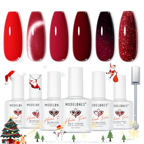 modelones Red Gel Nail Polish Set 6 Colors Christmas Burgundy Cherry Dark Red Cat Eye Glitter Color Changing Hema-Free Gel Polish Kit with Magnet Soak Off Nail Art DIY New Year Thanksgiving Gifts