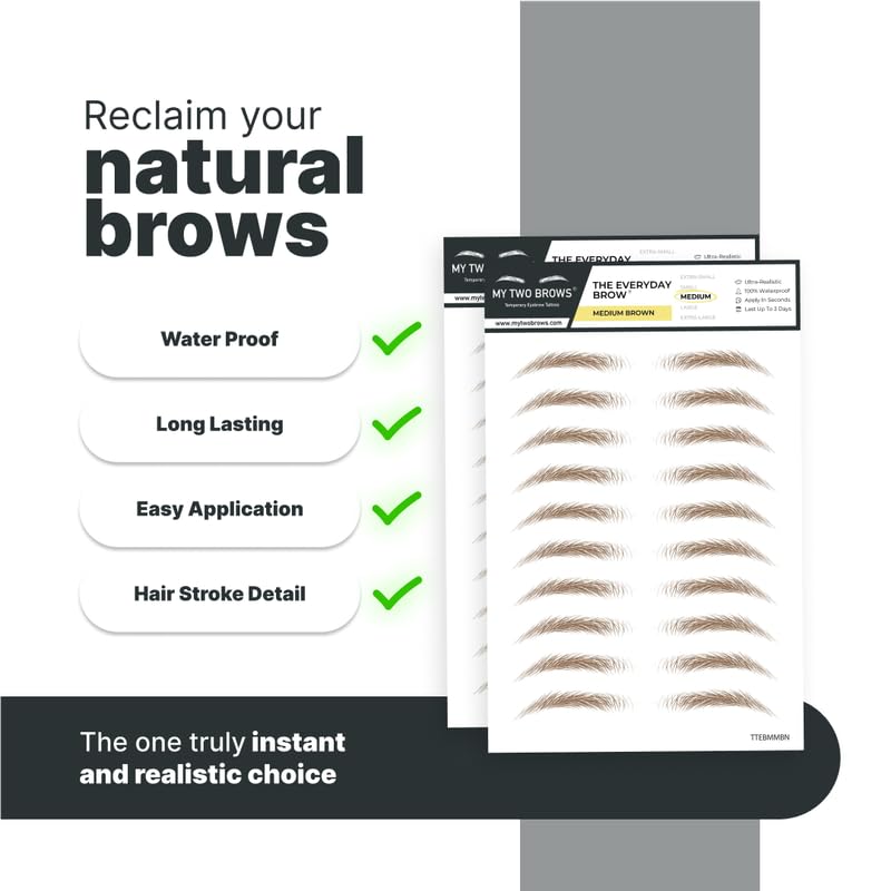 Temporary Eyebrow Tattoos - 20 Pairs Waterproof & Smudge-Proof Realistic Stickers for Men & Women | Medium Brown, Easy to Apply