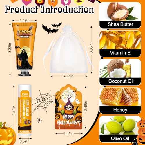 60 Pack Halloween Hand Cream and Lip Balm Set for Women, Bulk Hand Lotion for Halloween Gifts, Halloween Party Favors, Party Supplies, Decorations, Goodie Bags with Halloween Card and Organza Bags