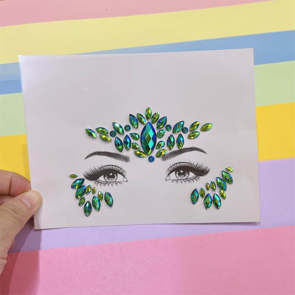 Face Jewels - Green Rhinestone Stickers for Halloween Makeup | Self-Adhesive Festival Glitter Gems