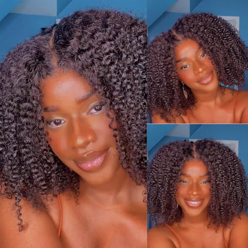 13x6 Lace Front Wigs Human Hair Curly Afro Wig Human Hair Afro Kinky Curly Transparent Lace Frontal Wigs Human Pre Plucked Knots Bleached 200% Density Natural Black 18 Inch