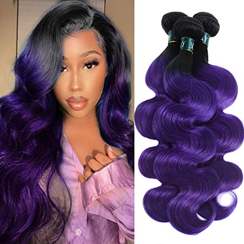 Purple Bundles Body Wave Human Hair Weave 3 Bundles Virgin Hair, Brazilian Remy Hair Ombre 1b/Purple 2 Tone Ombre Hair Wavy For Women(141618)