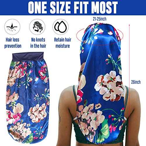 4PCS Long Satin Bonnet Sleep Cap,Black Extra Large Silk Bonnet for Natural Hair, Bonnets for Women Night Sleep,Wide Elastic Band, Very Soft & Comfortable (Black,3 Floral Patterns)