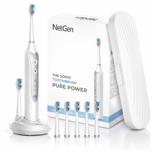 NetGen Sonic Electric Toothbrush for Adults, Rechargeable Power Toothbrush with 5 Replacement Heads, Travel Case, 3 Modes, 2 Minute Timer, IPX7 Waterproof Cordless Electric Toothbrush | White