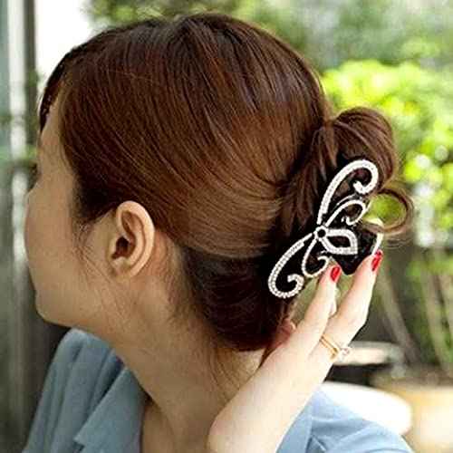 Yusier Lotus Rhinestone Hair Clip for Women - Thick Hair Big Grab Claw Clip with Diamond Crystal for Prom (Black)
