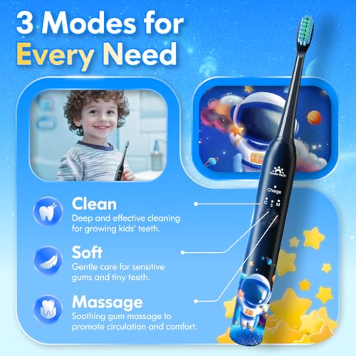 Kids Electric Toothbrush Rechargeable Age 3-5-6-12-18 Year Old, Sonic Toothbrush Kids with Timer 3 Modes 4 Vibrating Heads Habit Stickers Tooth Brush for Girls Boys and Childrens (Astronaut Black)