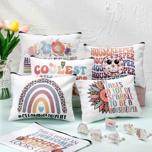 Kacctyen 24 Pcs Christmas Housekeeping Gifts Bulk 12 Thanksgiving Makeup Bag 12 Retractable Badge Reels Housekeeping Appreciation Gift for Housekeeper Cleaner Staff Team Employee Coworker Custodian