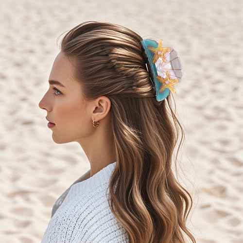 BVGA Sea Animal Hair Claw Clips Marine Life Starfish Seashell Pearl Crystal Claw Clips Cute Large Claw Hair Clips Beach Stylish Hair Accessories Gifts for Women Girls (Shell Starfish Blue)