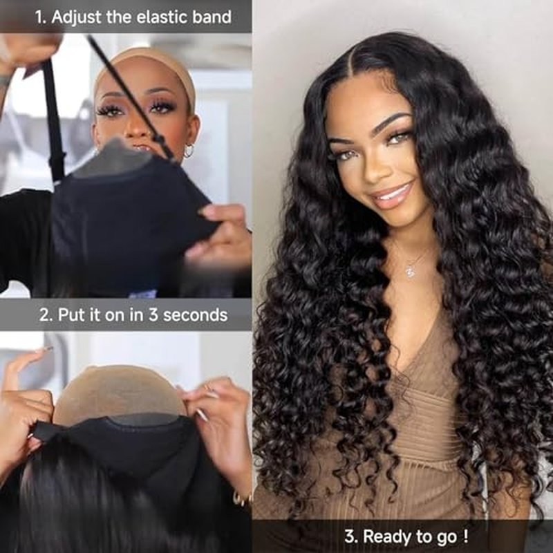 Wear and Go Glueless Wigs Human Hair Pre Plucked Pre Cut 18 Inch Deep Wave 5x5 HD Lace Closure Wigs Human Hair 200 Density with Baby Hair Deep Curly Wig for Black Women