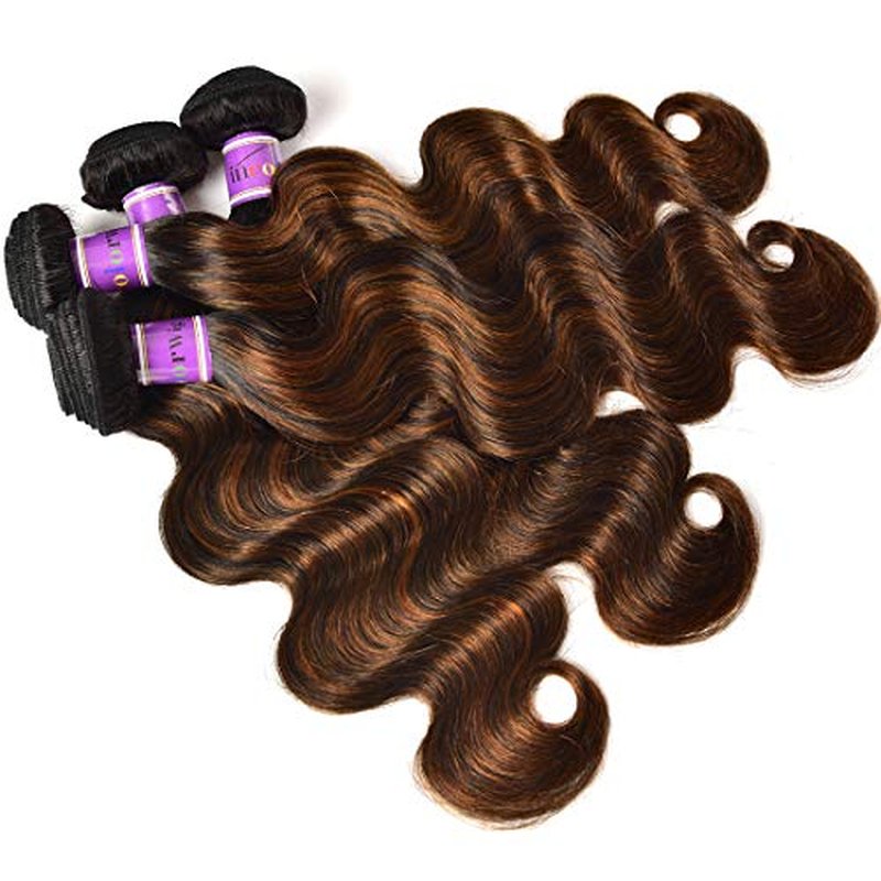 UNice Brown Highlight Body Wave Human Hair Weave 3 Bundles 8 10 12 inch, Brazilian Remy Hair Ombre Blonde Human Hair Wavy Weaves Sew in Piano Color TFB30