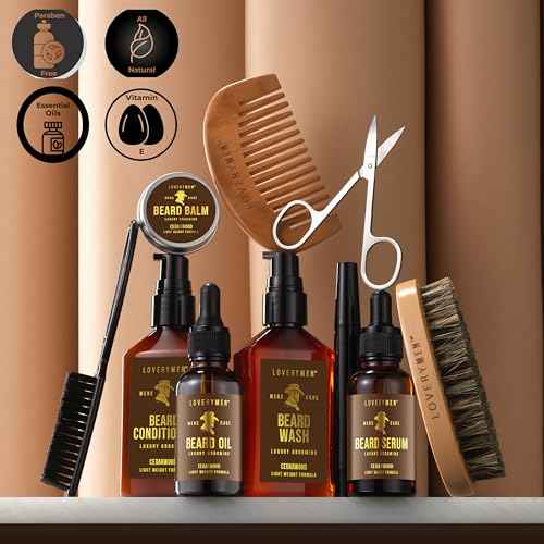 LOVERY Beard Care Kit - Gifts for Dad -12pc Complete Grooming Set in Cedarwood, Beard Balm, Wash, Conditioner, Oil, Serum, Beard Pen Birthday Gifts for Men Boyfriend Husband, Mens Gifts for Him