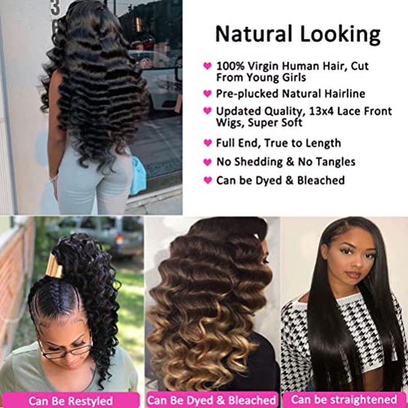 Loose Deep Wave Curly 13x4 lace Front wigs Human Hair Lace Frontal Wig Human Hair Natural Hairline Natural Black (Natural Color, 24 Inch)