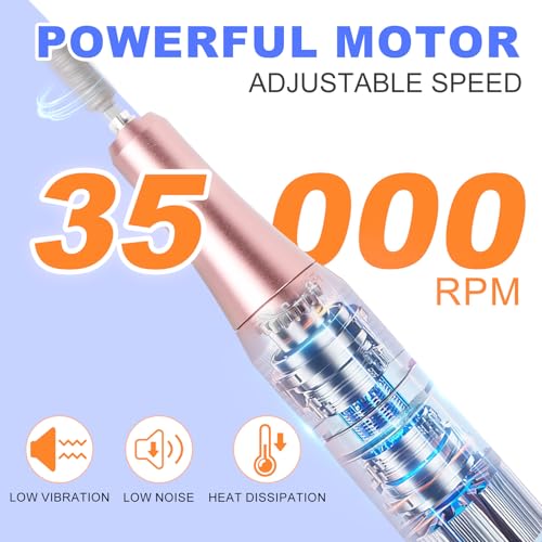 MEKK Nail Drill Kit,35000RPM Electric Nail Drill Professional Electric Nail File with 12PCS Bits,Anti-Shaking Cordless E Filer for Nails,Home & Salon(Orange Blue)