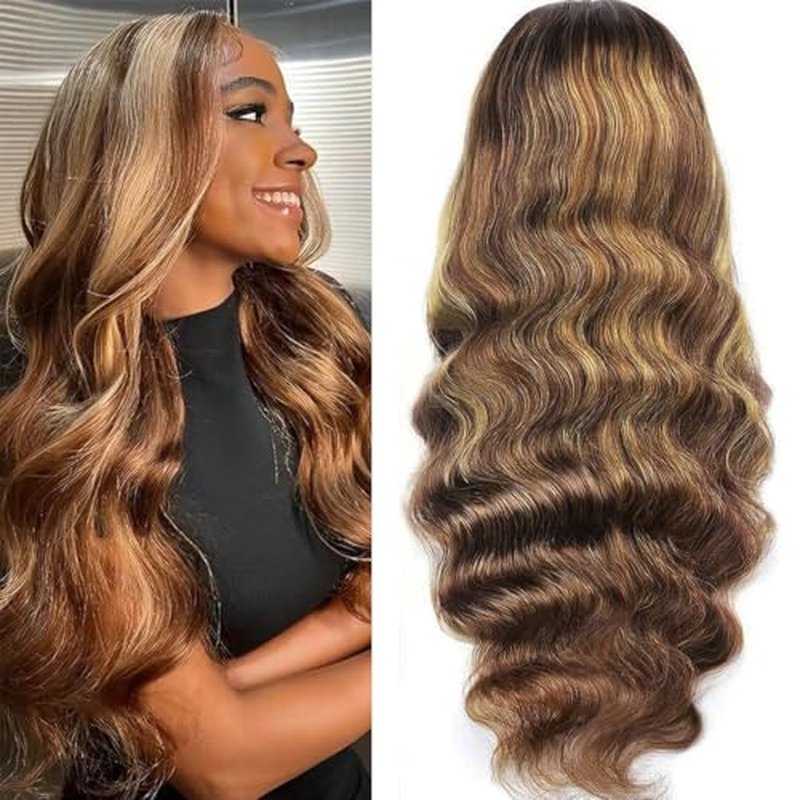 26 Inch 5x5 HD Lace Closure Wigs Human Hair Body Wave Wear and Go Glueless Wigs Pre Plucked Pre Cut P4/27 Honey Blonde Highlight Ombre Lace Front Wig Human Hair Wig 180% Density