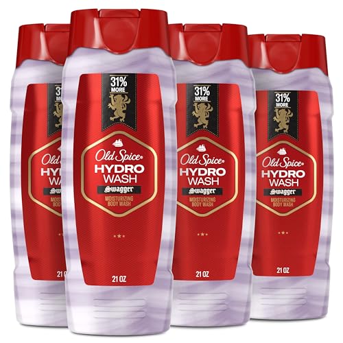 Old Spice Moisturizing Body Wash for Men, Hydro Wash, 2-in-1 Long Lasting Scent & Deep Hydration, 24/7 Shower Fresh, Swagger Scent, 21 oz (Pack of 4)