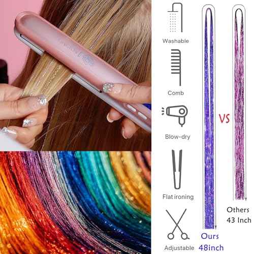 Hair Tinsel, Hair Tinsel Kit for Girls 1800 Strands Fairy Tinsel Hair Extensions Holographic Hair Tinsel Heat Resistant Colored Hair Glitter Christmas Party Festival (N/Pink)