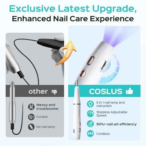 COSLUS Cordless Nail Drill Electric: 2-in-1 Nail File with Flash Cure for Acrylic Gel Dip Powder Nails, Stepless Control for Beginner Home DIY, Portable for Travel, Professional Pedicure Manicure Kit