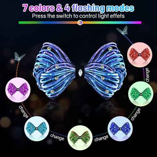 LED Bow Hair Clips 7 Colors Light up Hair Accessories Rhinestone Rave Clips Cute Headpiece Glow Hair Barrettes for Women