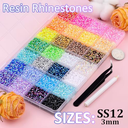 32000Pcs Resin Rhinestones with Tweezers for Bedazzling, Multicolor 3mm Crystal with 3Pcs 10ml B7000 Jewelry Glue for Bedazzled Nail Art Crafting Makeup