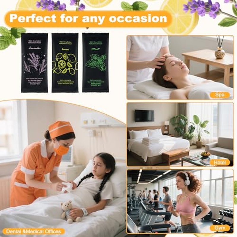 Moist Cotton Towel Bulk Moist Towelettes Individually Wrapped 8.7" x 8.7",White Towel Services,Refreshment Pre Moistened Towels Lavender,Lemon and Mint for Sport Party Spa(Pack of 300)