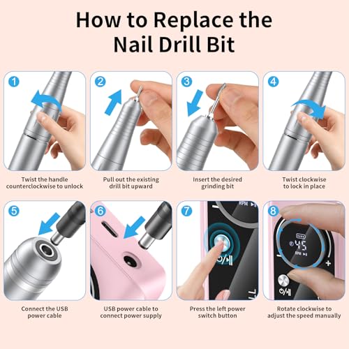 Electric Nail Drill Machine 45,000RPM - Professional Electric and Rechargeable Nail Drill with LCD Display, 6 Bits and 30 Sanding Bands, Low Heat Quiet E-File for Acrylic Gel Nails (Light Pink)