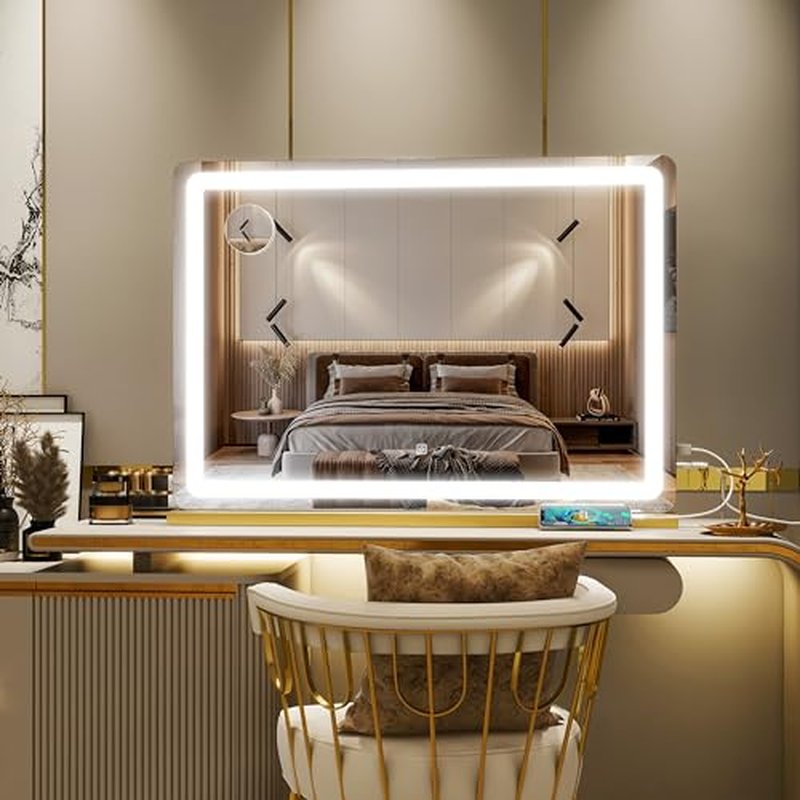 ROLOVE Gold Vanity Mirror with Lights, 32" x 22" Large Lighted Vanity Mirror with Dimmable 3 Modes, LED Makeup Mirror, USB Charging Port, Tabletop or Wall-Mounted