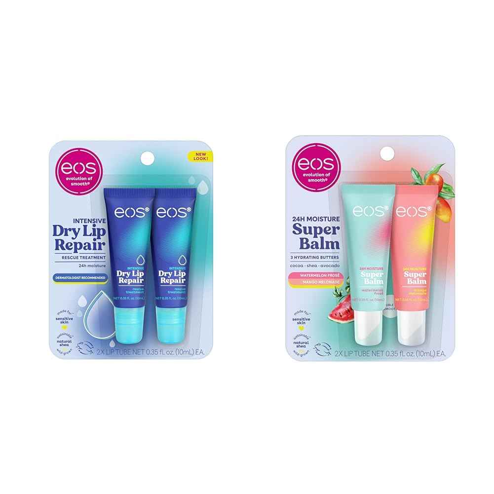 eos The Hero Lip Repair, Extra Dry Lip Treatment, 24HR Moisture, Natural Strawberry Extract, 0.35 fl oz, 2-Pack & 24H Moisture Super Balm- Watermelon Frosé & Mango Melonade, Lip Mask