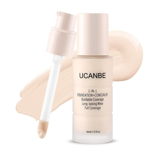 UCANBE 2-IN-1 Foundation + Concealer, Full Coverage Long-Lasting Matte Makeup for Normal, Combination and Oily Skin, Buildable Waterproof Formula with Hyaluronic Acid （01 Fair Ivory）