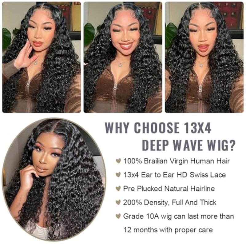 Deep Wave Wigs 13x4 Lace Front Wig Human Hair Deep Wave Lace Front Wigs Brazilian Curly Human Hair Pre Plucked Wig 200 Density