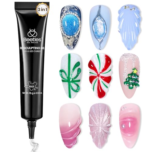 Beetles 3D Gel Nail Art, 1Pcs 15ml Sculpting Gel 3 in 1 Clear No Wipe Nail Polish Rhinestone Art Glue for Nail Gems Diamond Jewelry U V LED Lamp Needed DIY Home Salon Christmas Nails Gifts for Women
