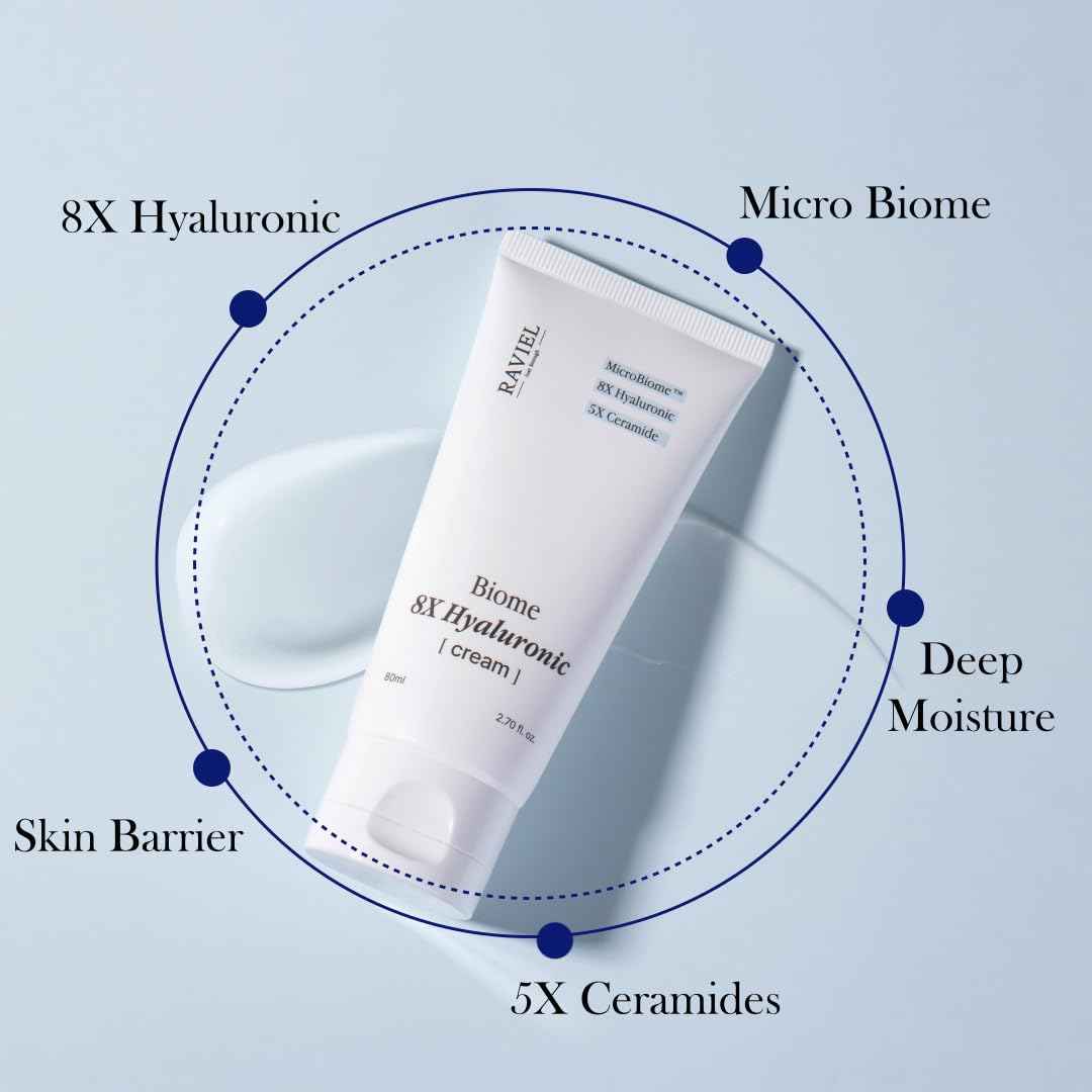 RAVIEL Biome 8X Hyaluronic Cream – Deep Moisture Glow Cream with 5X Ceramide for Inner Hydration, Skin Firmness & Pore-Less Finish, Korean Skincare, 80ml,2.70 fl oz