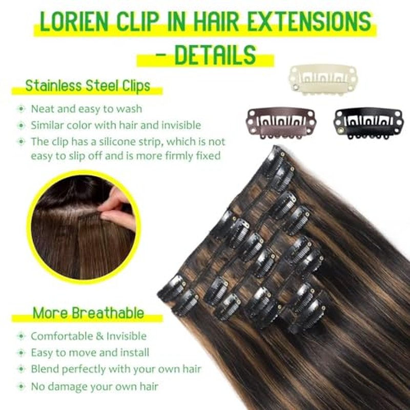 LORIEN Clip in Hair Extensions Real Human Hair, 22 Inch 110g, 1B/6 Natural Black to Chestnut Brown, Clip in 100% Brazilian Remy Human Hair Extensions 8pcs Per Set with 18 Clips Double Weft