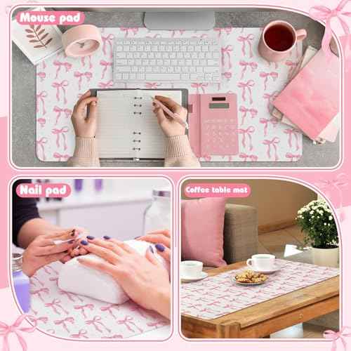 Coquette Bow Makeup Mat for Vanity Top Protector, Dual Sided Leather Vanity Waterproof Desk Pad Dressing Blotter Mat Nonstick for Women Home Office Decor Work(Pink,15.7" X 31.5")