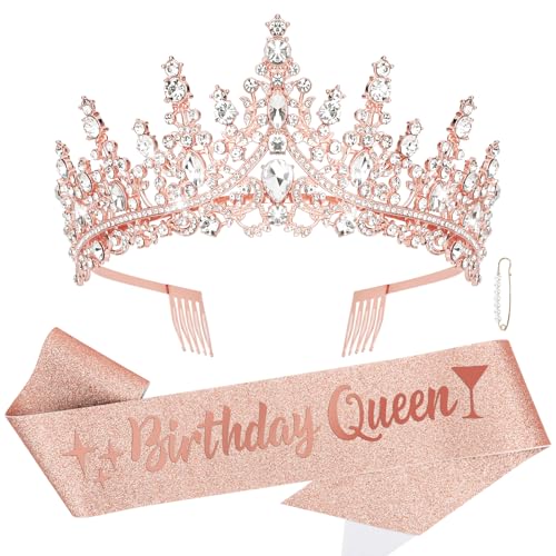CURASA Rose Gold Birthday Sash and Crown - Crystal Tiaras for Women & Girls - Princess Crowns for Party Gifts