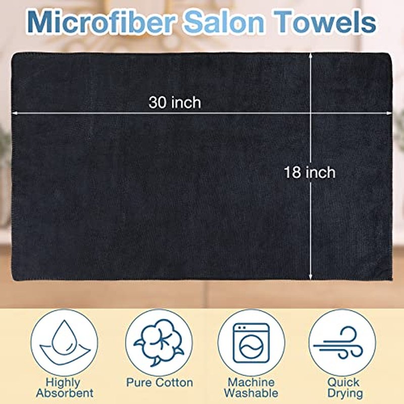 Newwiee 72 Pack Microfiber Bleach Proof Towels Bulk for Salon 18 x 30 Inch Dry Lint Free Hair Drying Hand Towels for Hair, Gym, Bath, Spa, Shaving, Barber(Black)