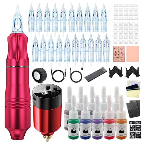 Tattoo Gun,Wireless Tattoo Gun Starter kit Complete Rotary Tattoo Pen Machine kit with 20pcs Cartriadge Needles Wireless Tattoo Power Supply for Beginners and Artists.Kulwoyi