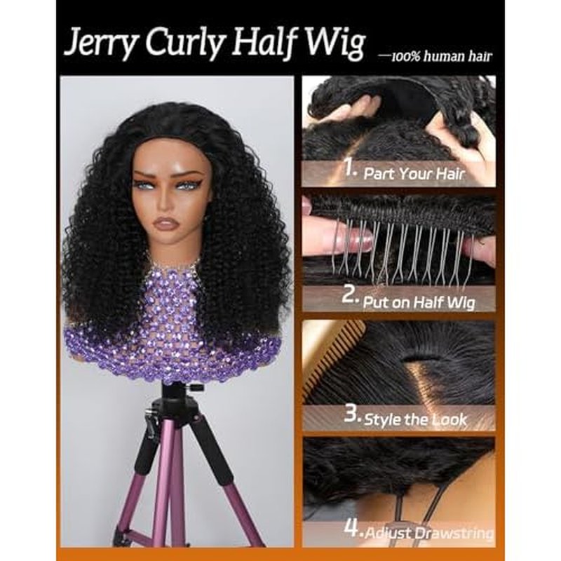 Curly Half Wig Human Hair 200% Density Kinky Curly Half Wig 3 In 1 Seamless Flip Over 26 inch Glueless Wigs Wear Go Beginner Friendly Kinky Curly Wig Drawstring Headband Wig for Women Daily Wear