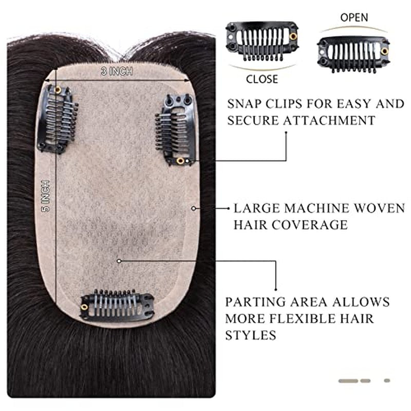 Hairro Human Hair Toppers for Women, Clip in Real Hairpieces, 130% Density 3"x5" Silk Base with Free Parting, for Covering Greyish Thinning Hair Loss/Adding Volume, 6 Inch Dark Brown