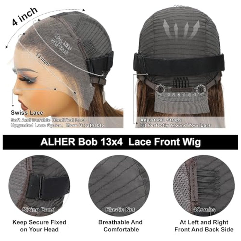 ALHER Short Bob Wig 4/27 Honey Blonde Highlight, 12A Straight Small Cap 13x4 Lace Frontal Wigs Human Hair Pre Plucked With Baby Hair, Small Cap Wig Size 21-21.5 180% Density for Black Women 12 Inch